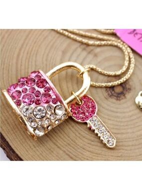 Betsey Johnson Pink Crystal Necklace Lock Key